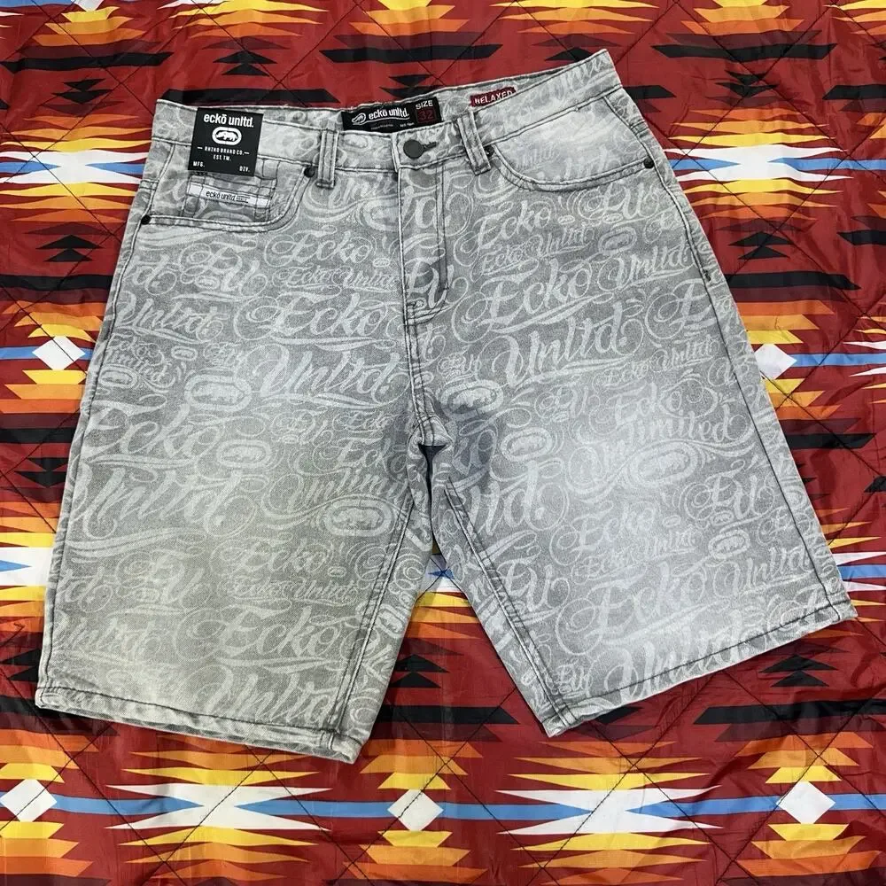 Ecko Unltd All Over Print Script Gray Denim Shorts Men’s Sz 32 Jorts Relaxed AOP